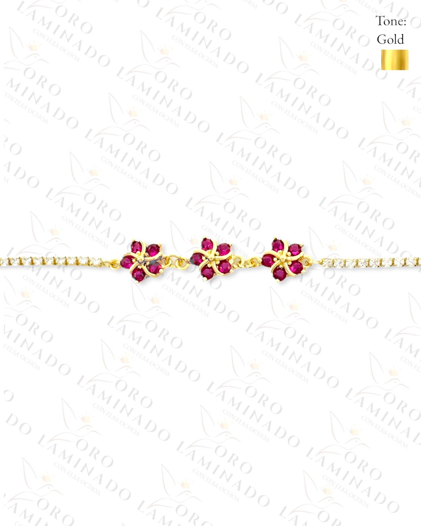 Gold Filled Fuchsia Triple Flower Adjustable Bracelet R375