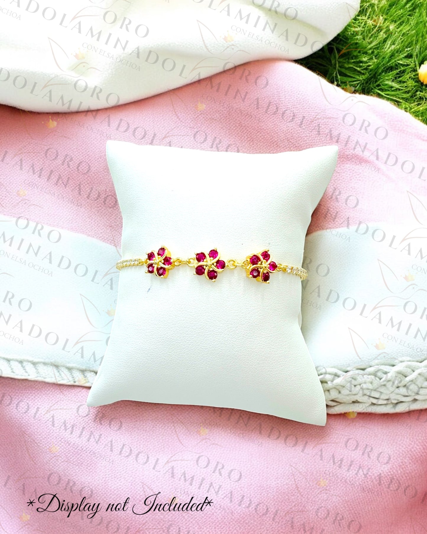 Gold Filled Fuchsia Triple Flower Adjustable Bracelet R375