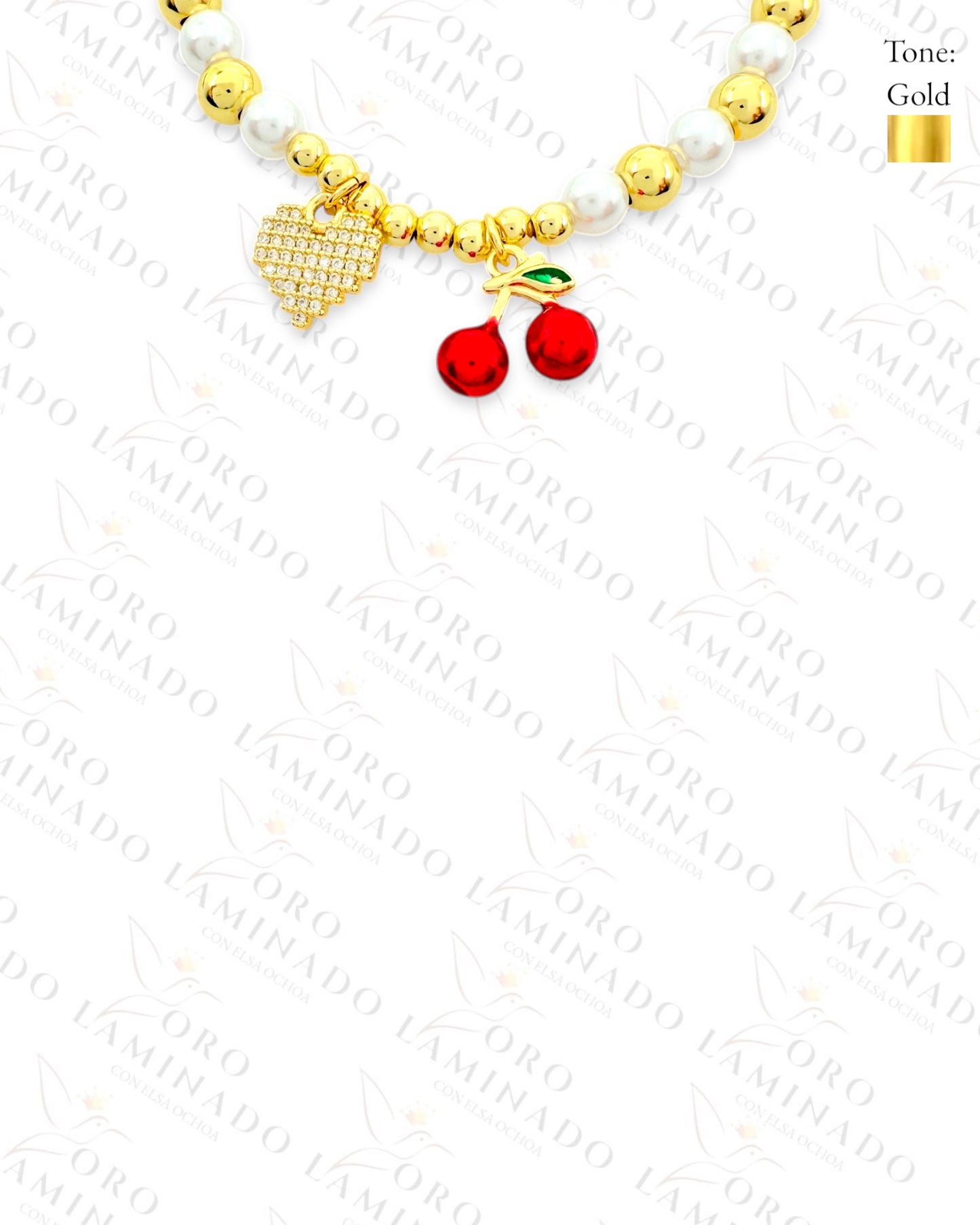 Diamond Heart and Cherry Pearl Bracelet (Gold Filled) G371