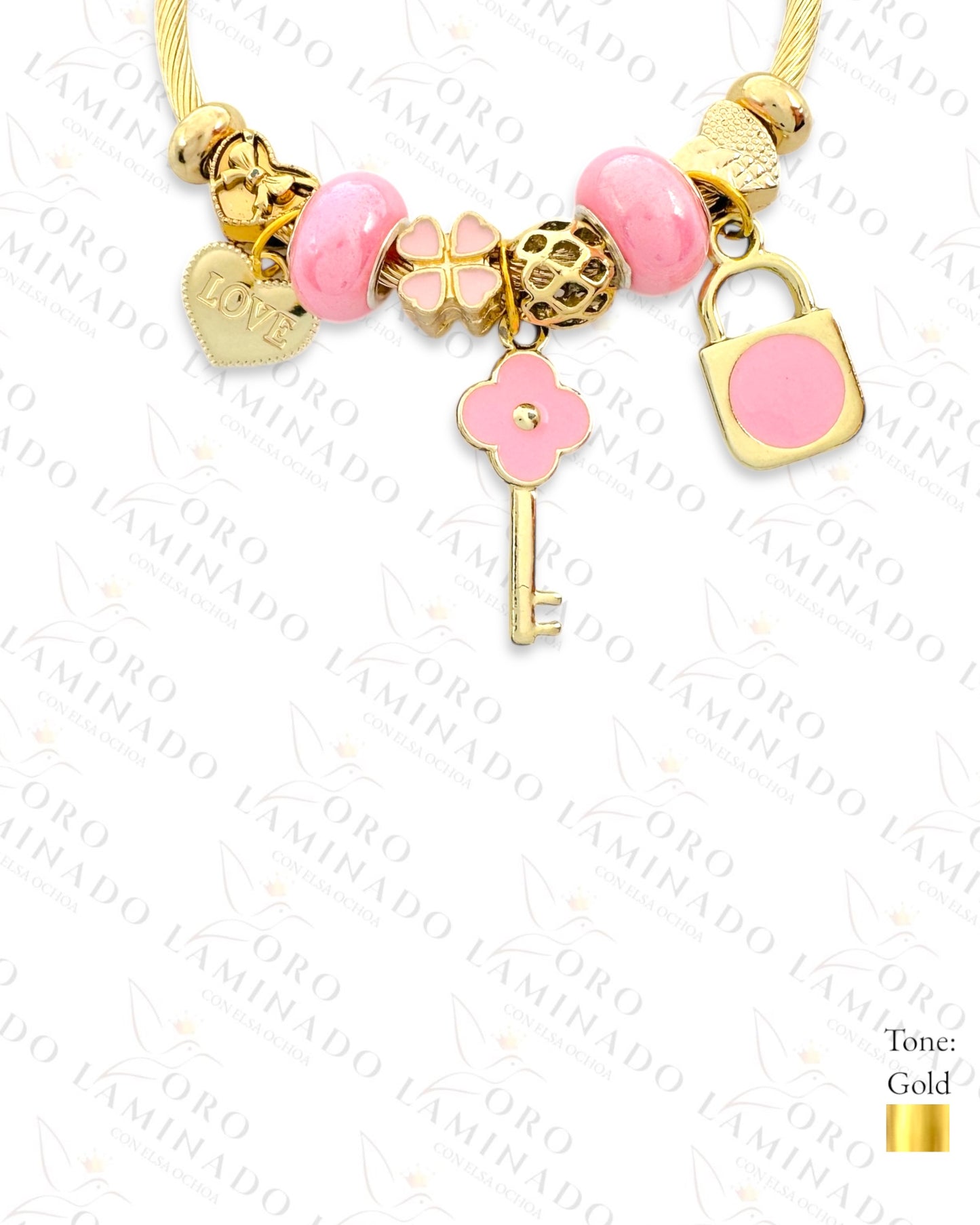 Stainless Steel Pink Key and Lock Charm Bracelet Y241
