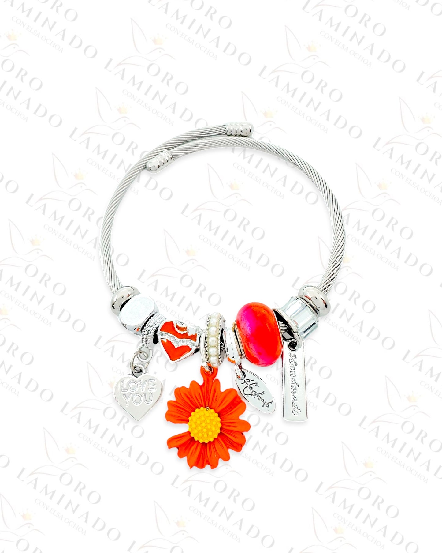 Stainless Steel Silver Orange Flower Charm Bracelet B366