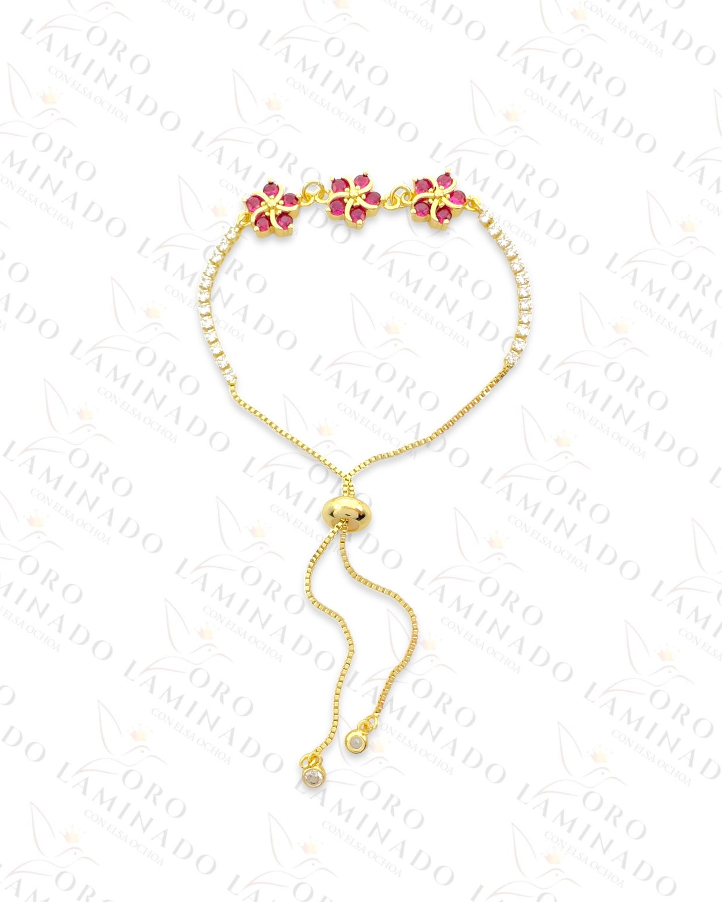Gold Filled Fuchsia Triple Flower Adjustable Bracelet R375