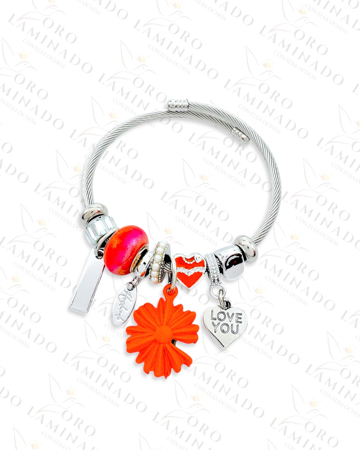 Stainless Steel Silver Orange Flower Charm Bracelet B366