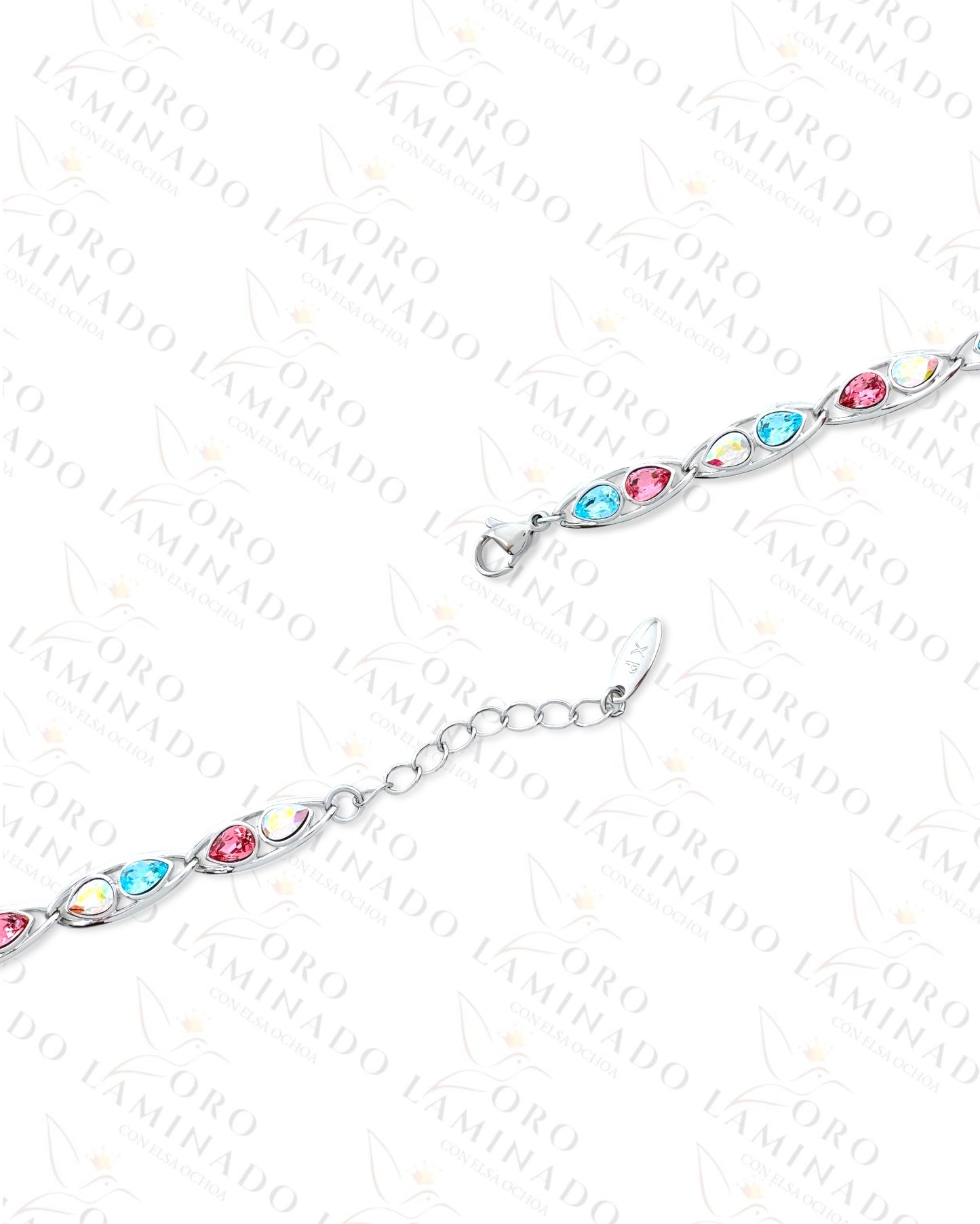 High Quality Silver Blue and Pink Link Bracelet (Gold Filled) R289