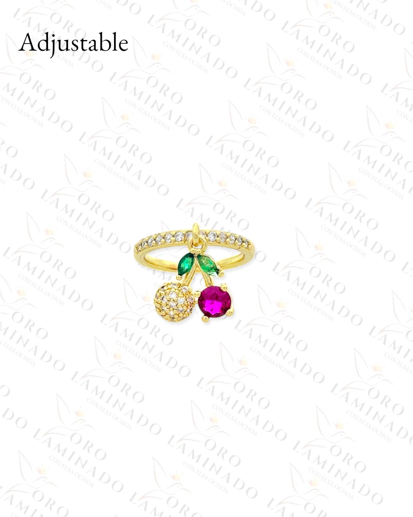 Adjustable Pink Cherry Charm Ring (Gold Filled) C347