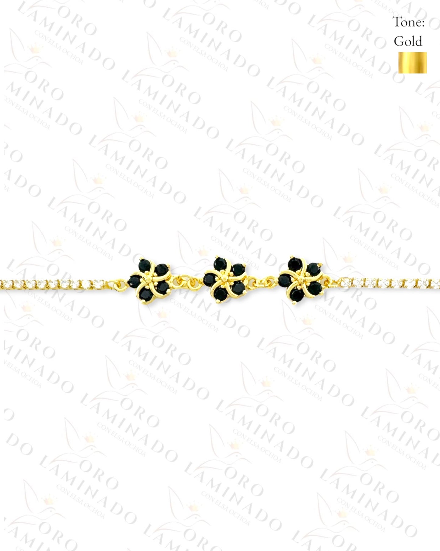 Gold Filled Dark Triple Flower Adjustable Bracelet B28