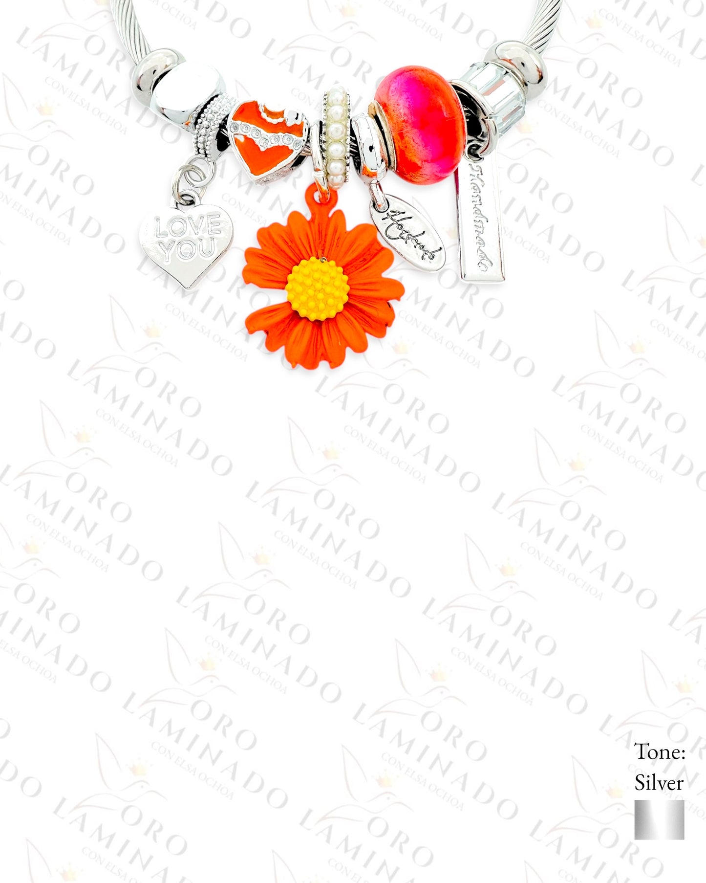 Stainless Steel Silver Orange Flower Charm Bracelet B366