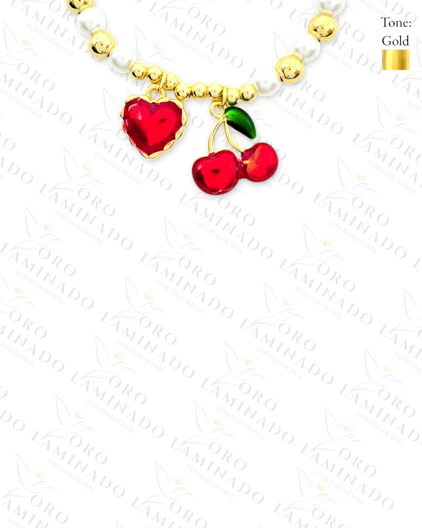Chunky Cherry and Heart Charm Pearl Bracelet (Gold Filled) B406