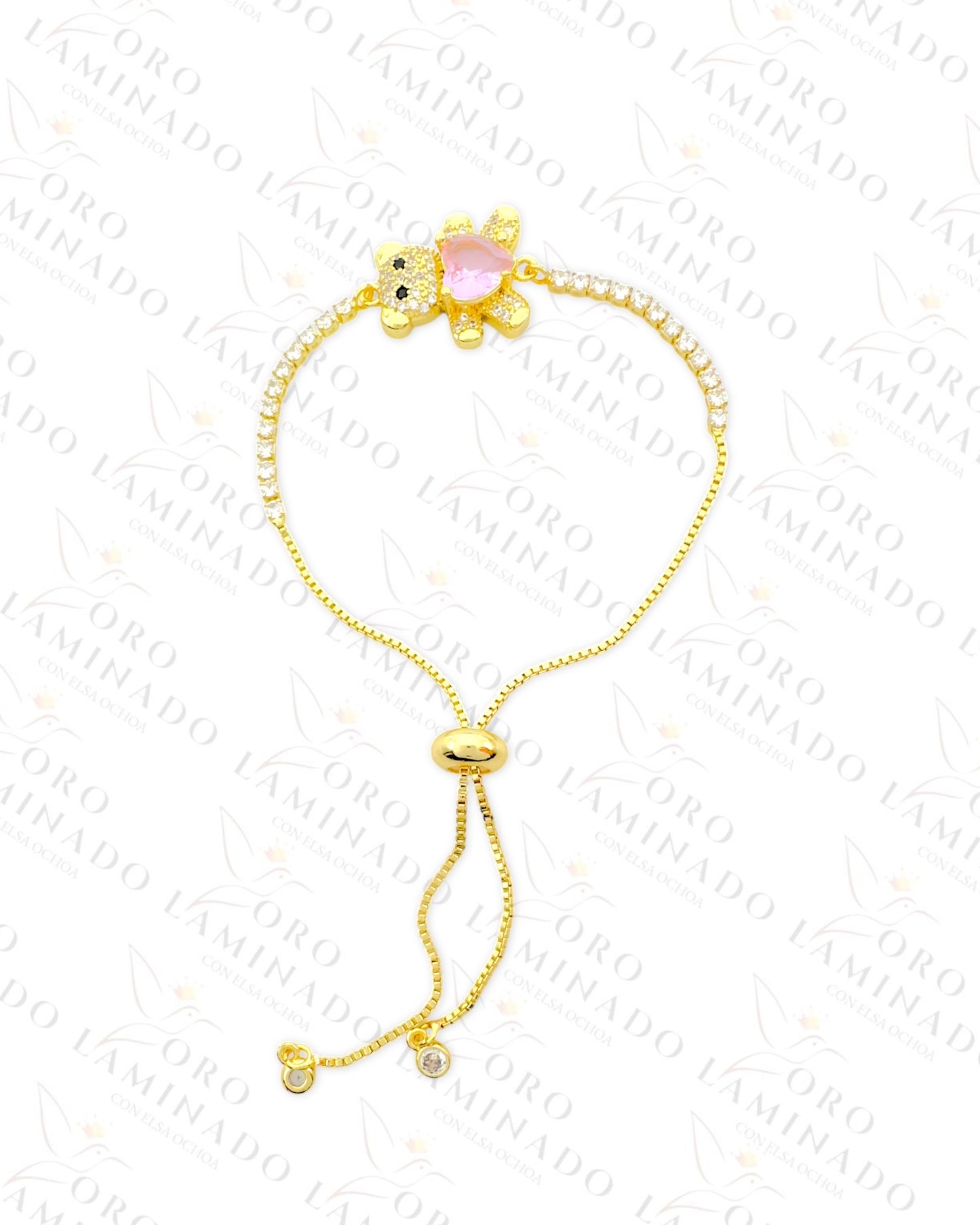 Gold Filled Pink Heart Teddy Bear Adjustable Bracelet R79
