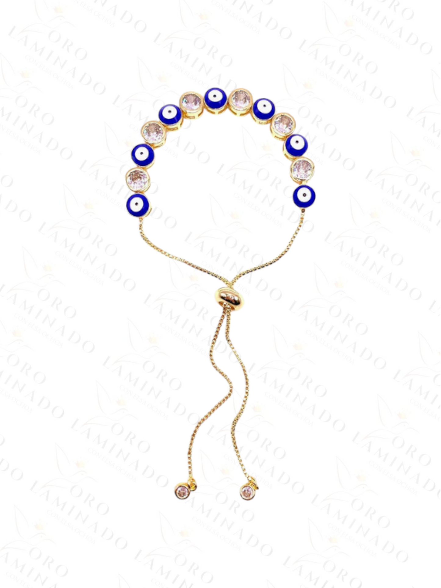 Gold Filled Adjustable Blue Evil Eye Bracelet With White Stones B238