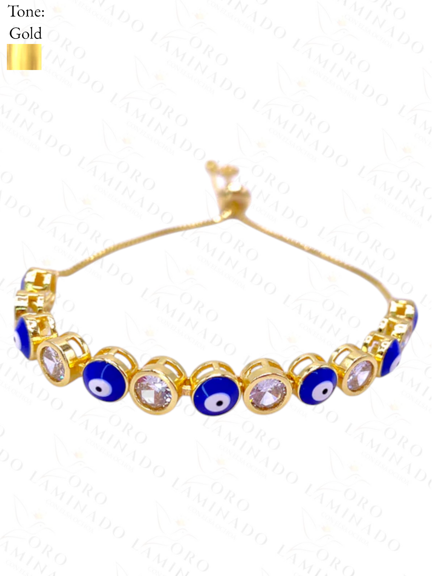 Gold Filled Adjustable Blue Evil Eye Bracelet With White Stones B238