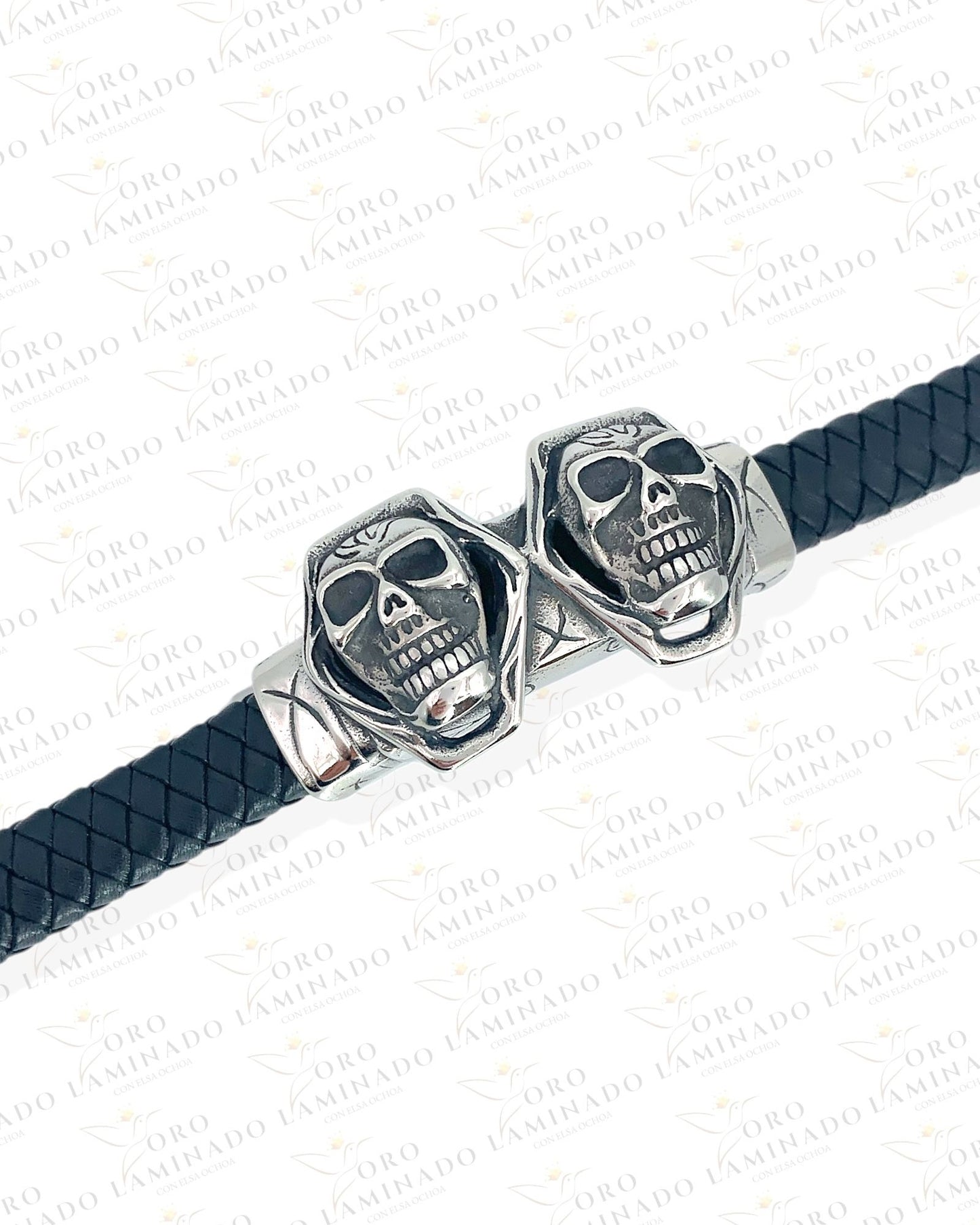 Stainless Steel/Leather Silver Skull Men's Bracelet B260