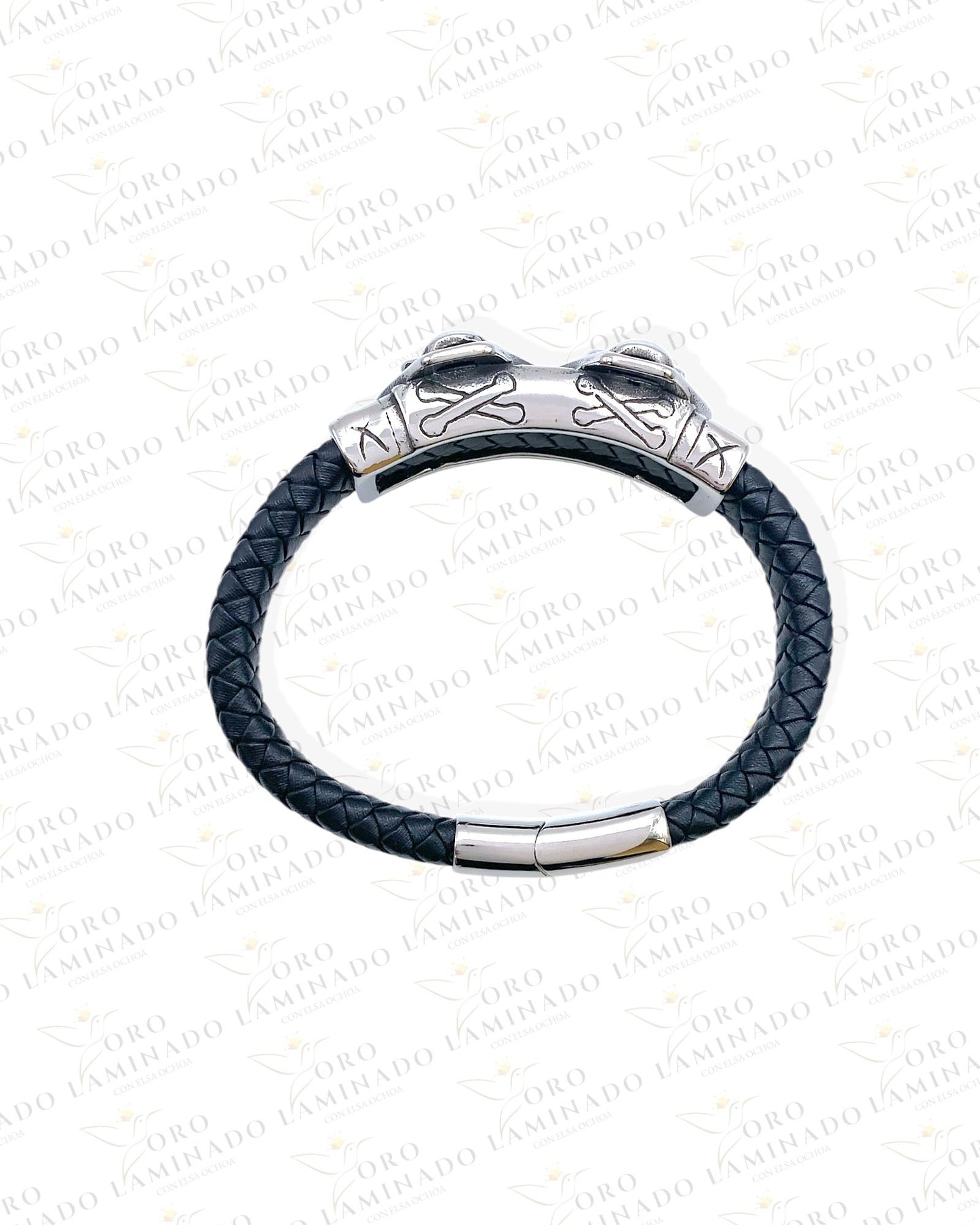 Stainless Steel/Leather Silver Skull Men's Bracelet B260