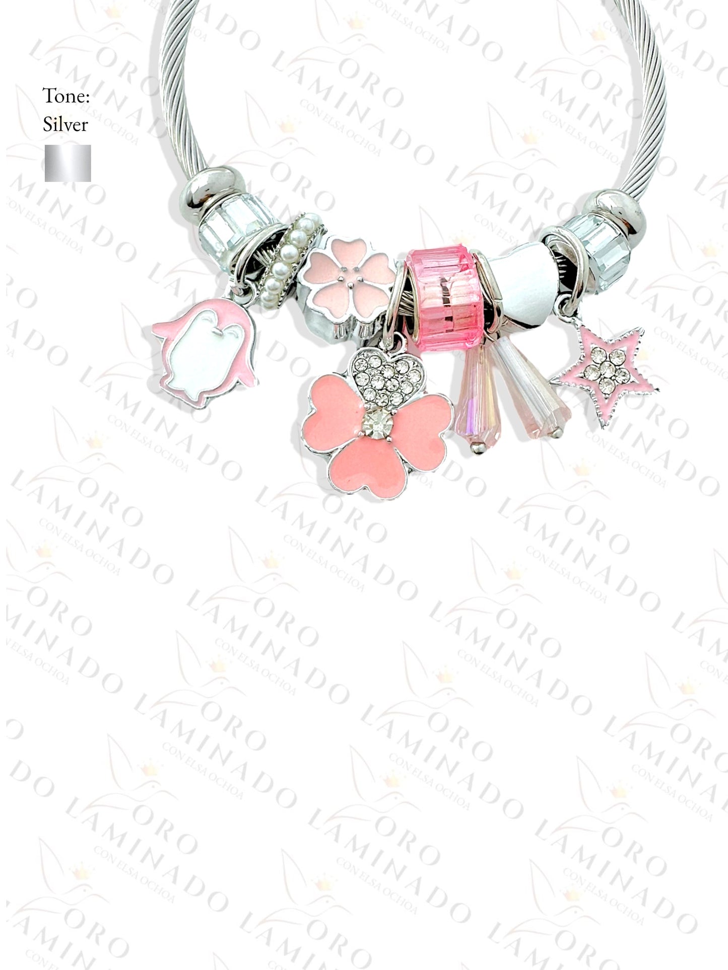 Stainless Steel Silver Pink Flower Charm Bracelet R427