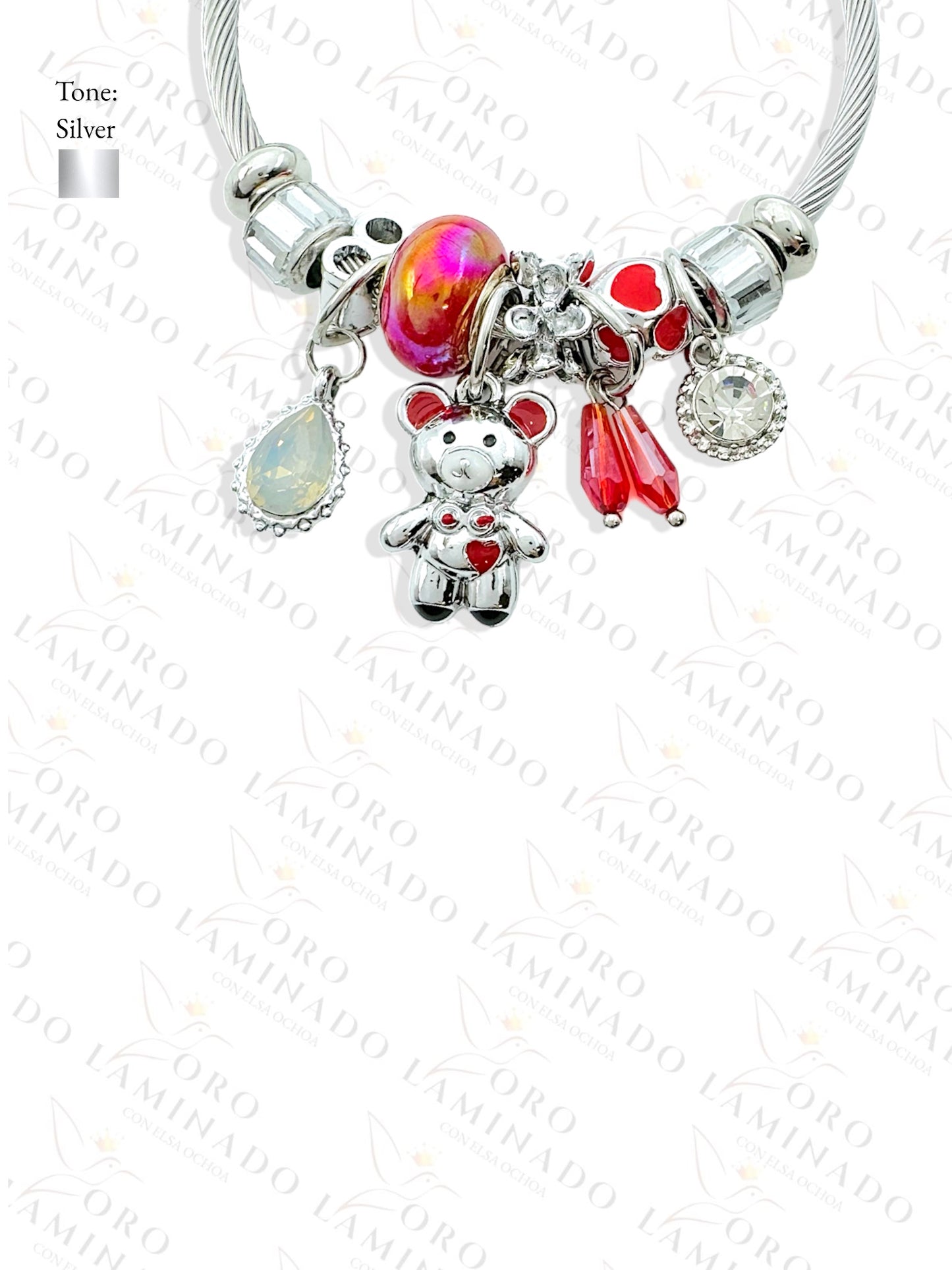 Stainless Steel Silver Red Bear Charm Bracelet R429