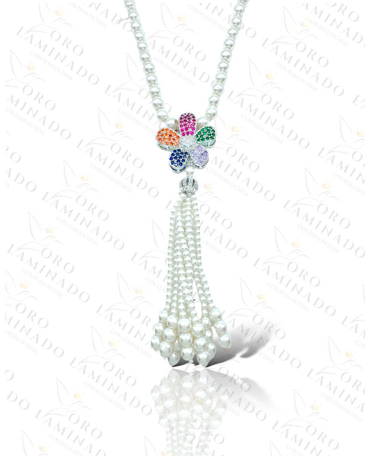 Long Pearl Necklace With Silver Multicolor Flower Charm R163