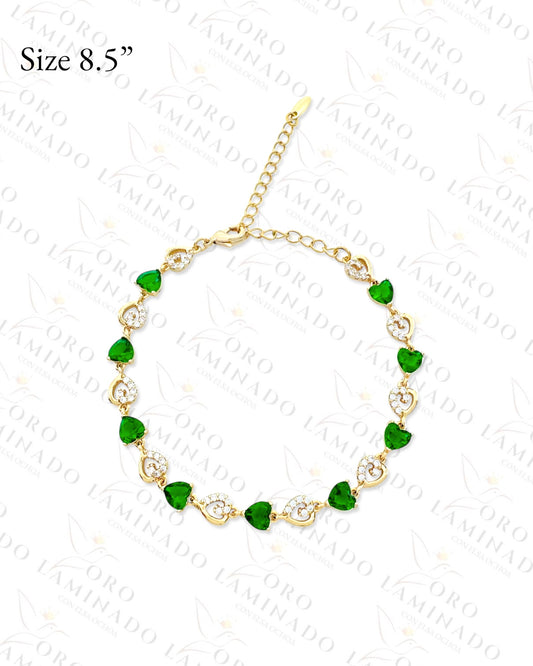 High Quality Green and Clear Sparkling Hearts Bracelet (Gold Filled) R149