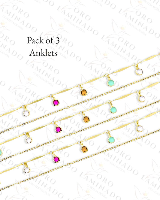 High Quality Pack of 3 Multi-Color Stones Anklet (Gold Filled) C298