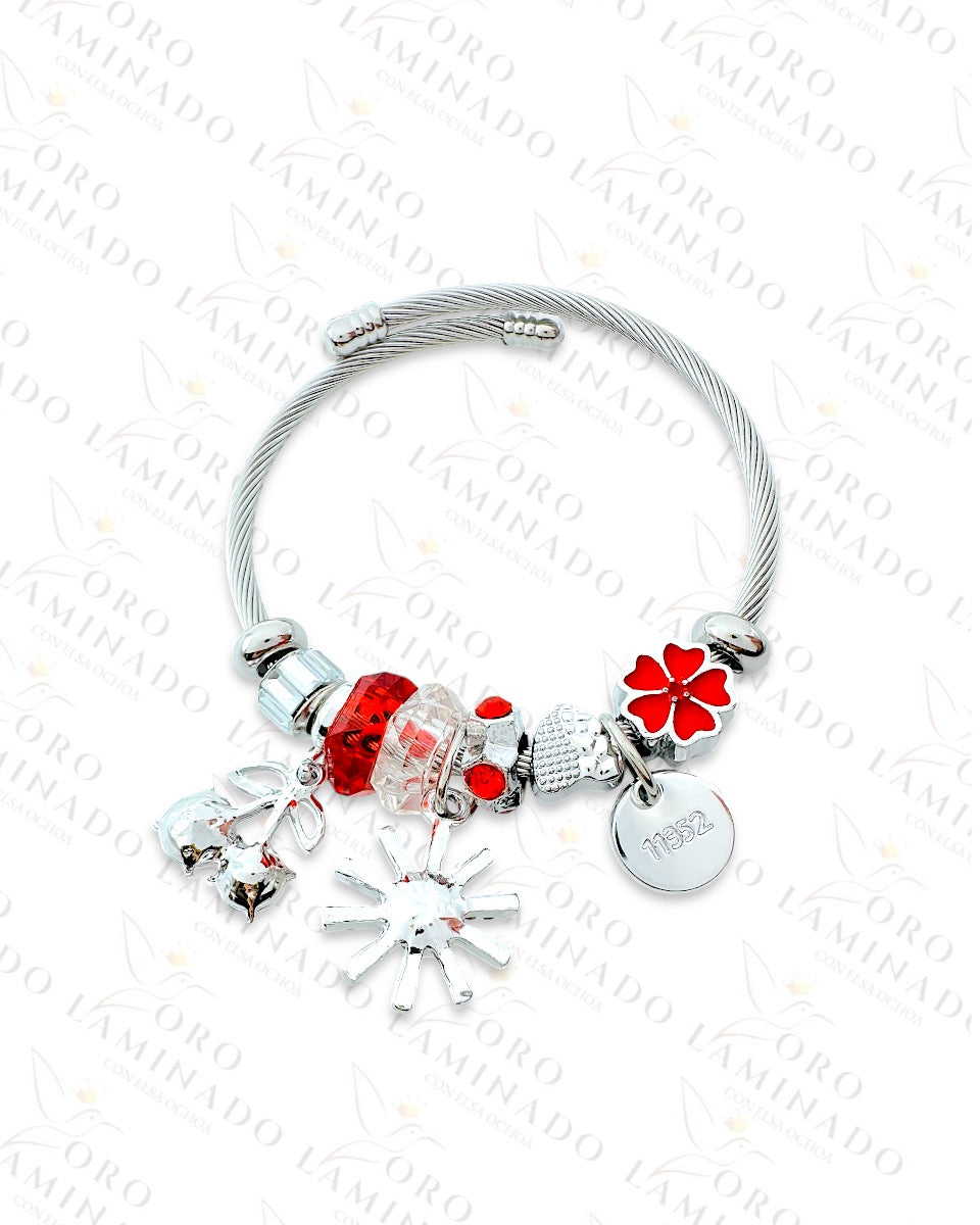 Stainless Steel Silver Cherry Red Cherry Charm Bracelet B96