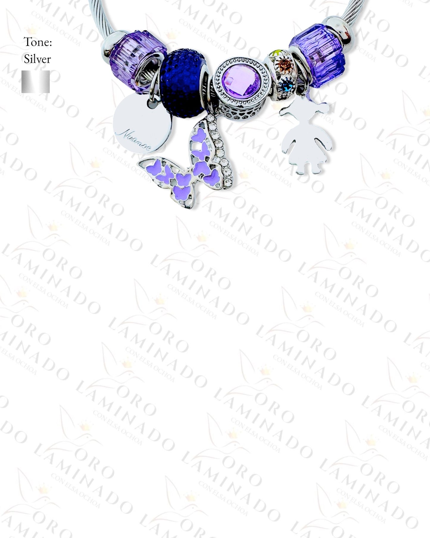 Stainless Steel Silver Purple Butterfly Charm Bracelet C347