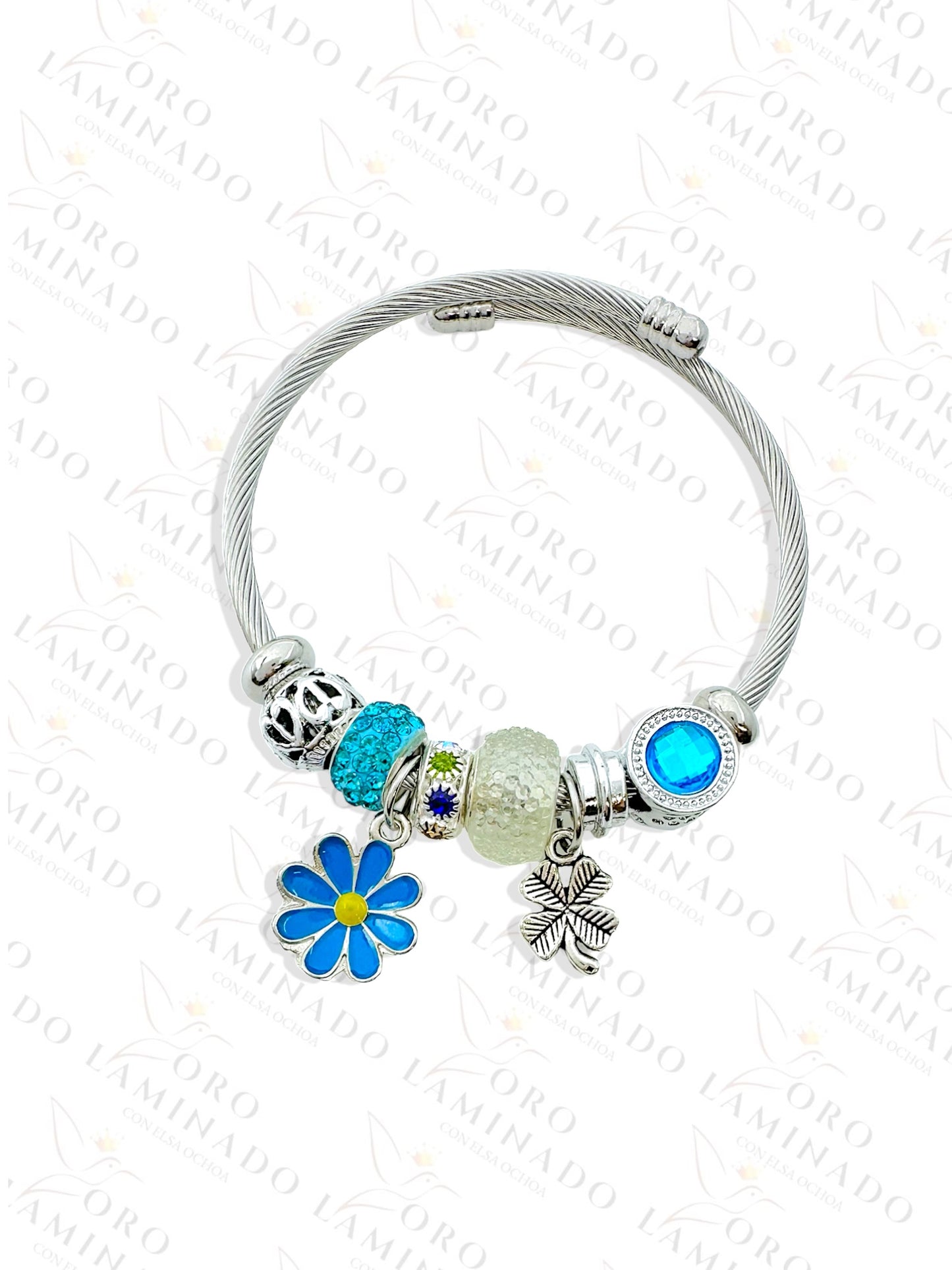 Stainless Steel Silver Blue Flower Charm Bracelet R425