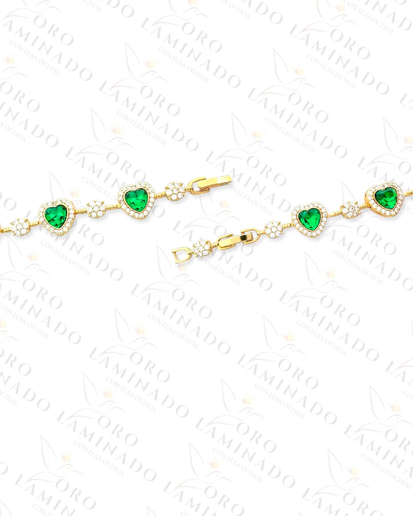 High Quality Green Crystal Hearts Bracelet (Gold Filled) Y27