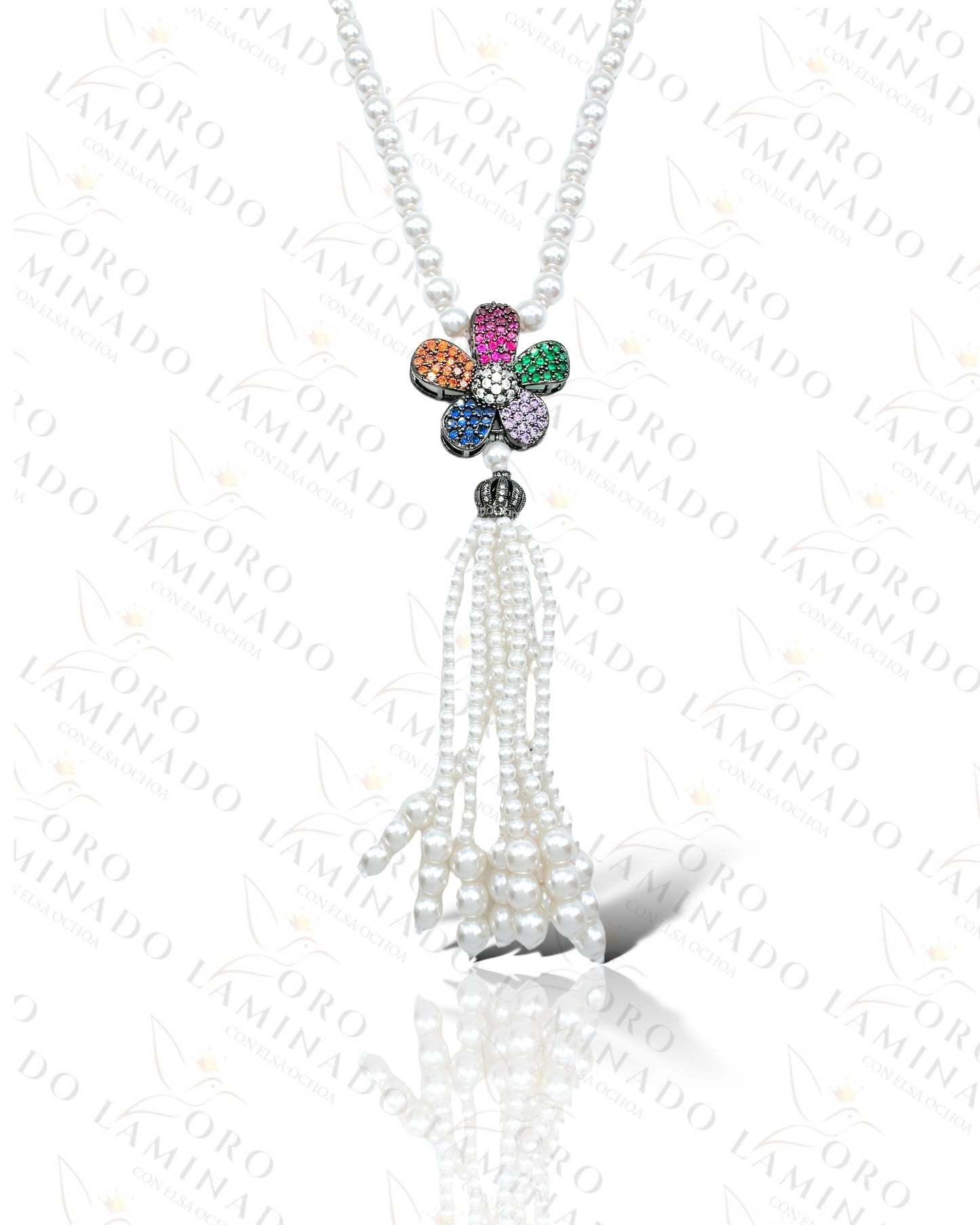 Long Pearl Necklace WithDark Multicolor Flower Charm R161