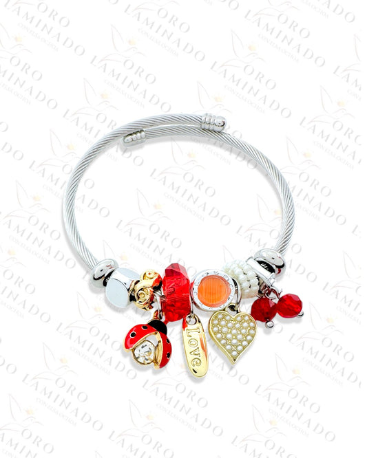 Stainless Steel Silver Red Ladybug Charm Bracelet Y66