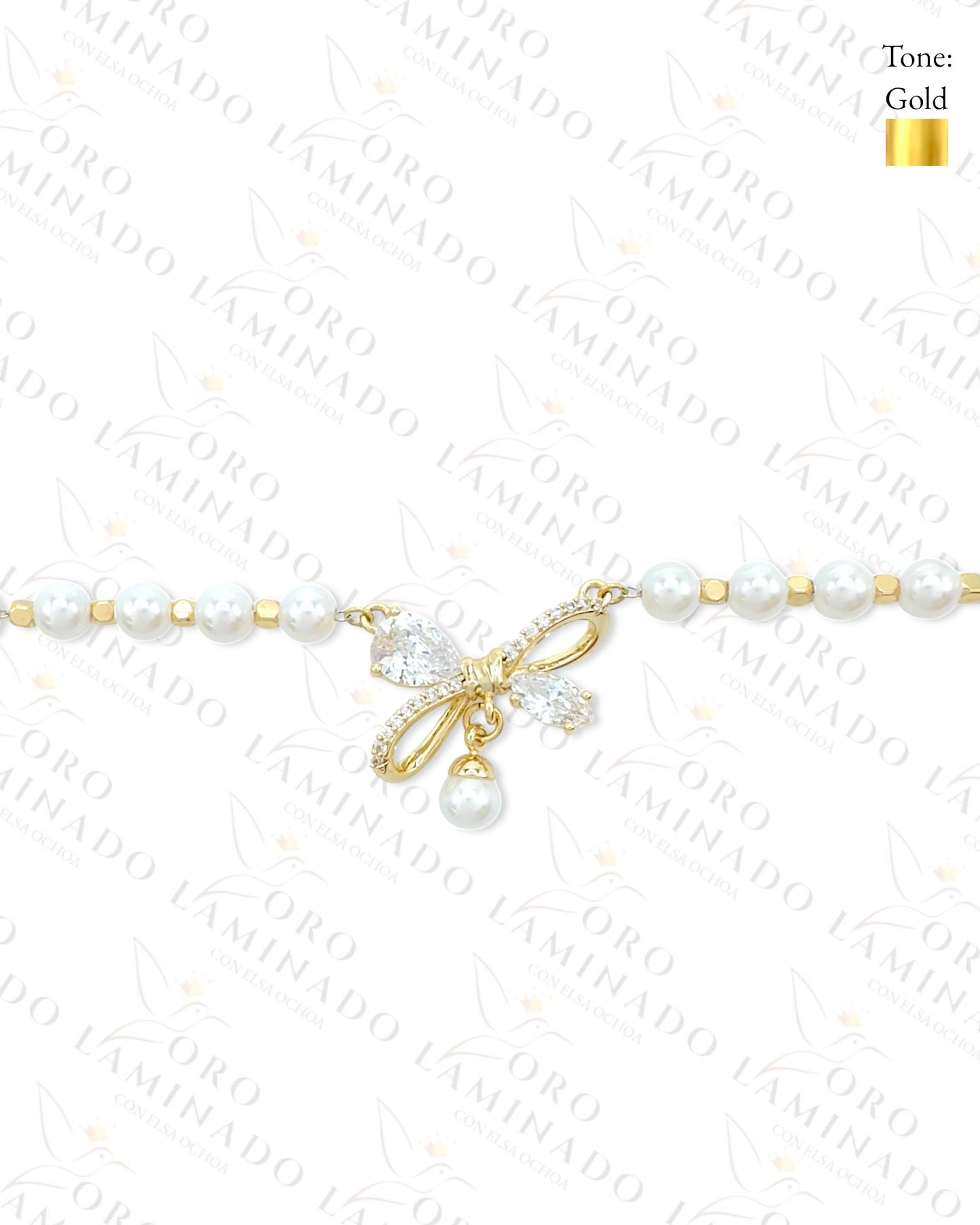 High Quality Crystal Bow and Pearl Necklace (Gold Filled) R145