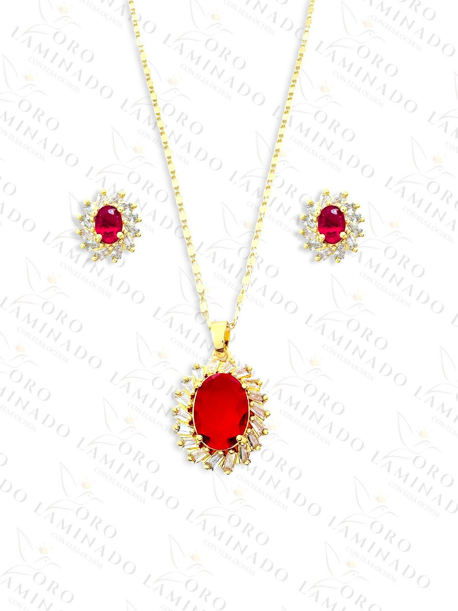 Round Red Stone and Crystal Set G238