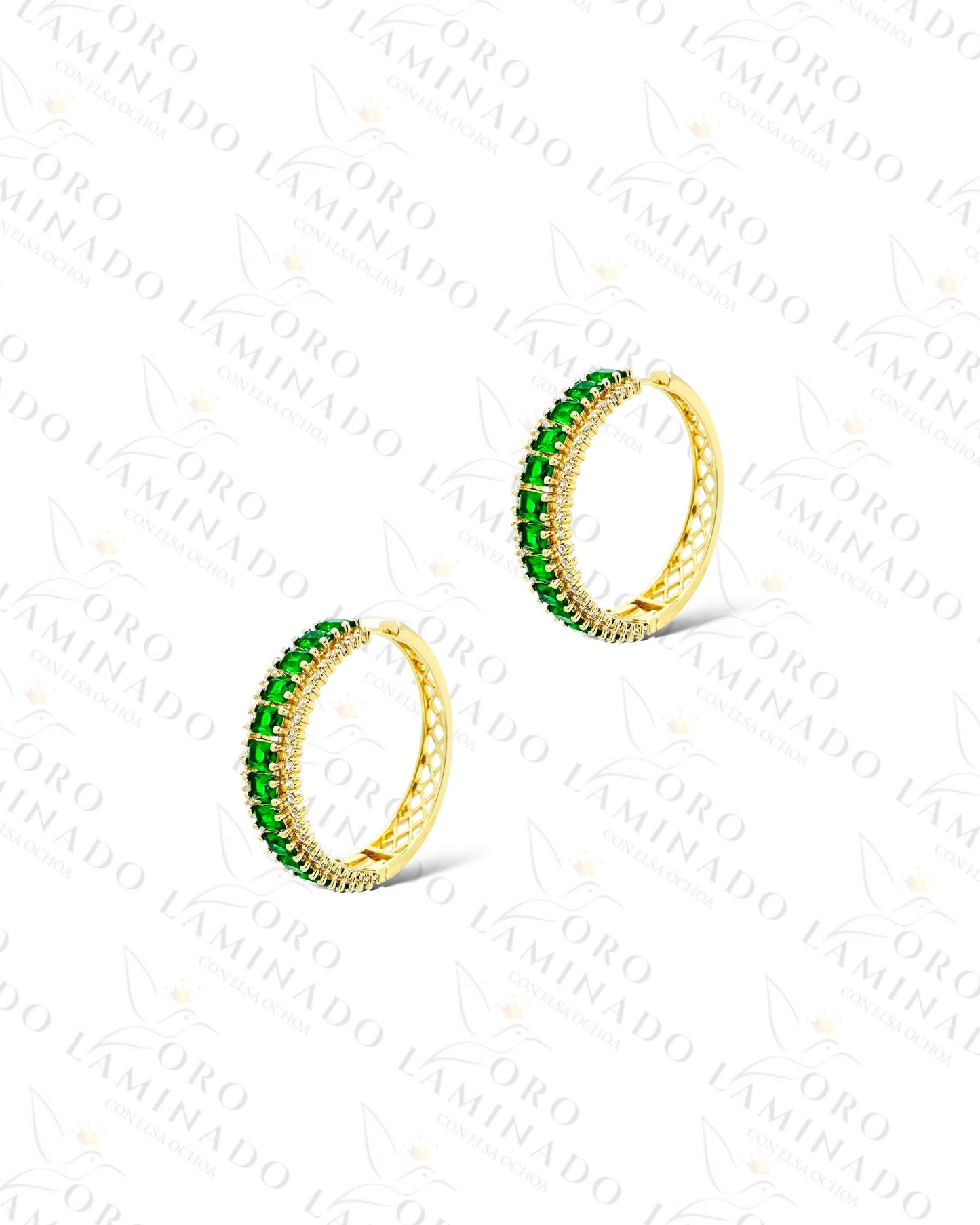 High Quality Green and Clear Stone Hoop Earrings (Gold Filled) B358