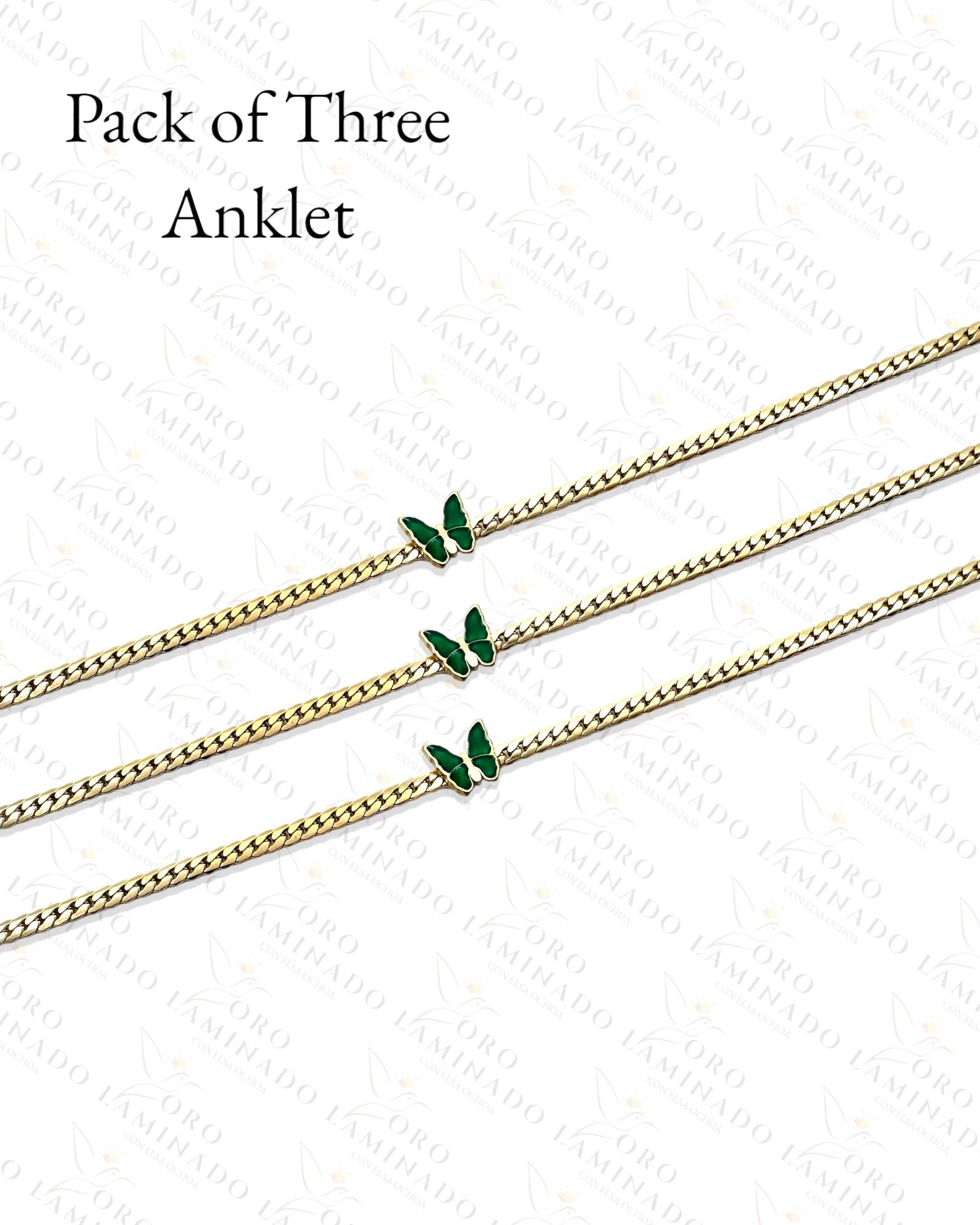 Stainless Steel Green Butterfly Anklet Pack of 3 B414