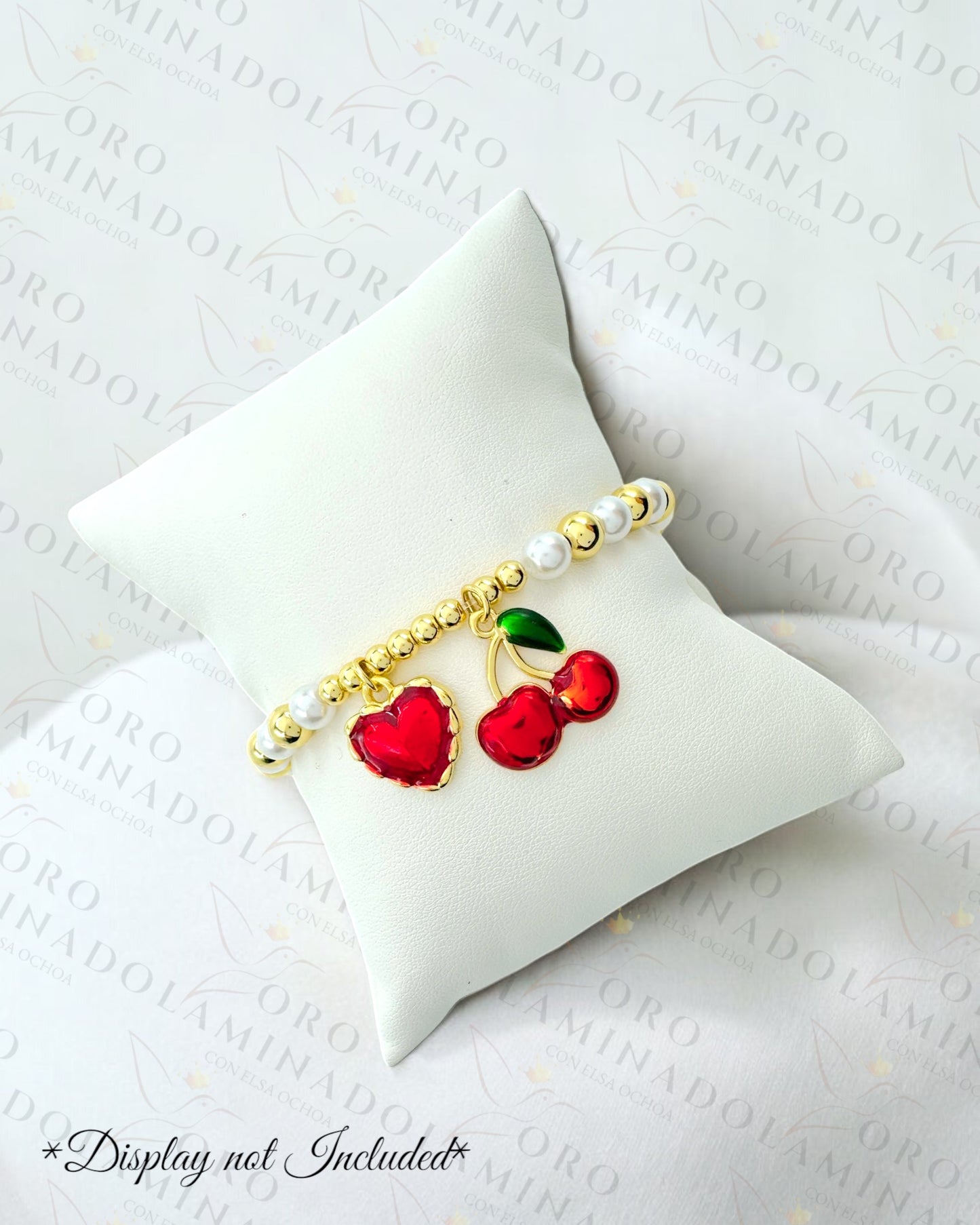 Chunky Cherry and Heart Charm Pearl Bracelet (Gold Filled) B406
