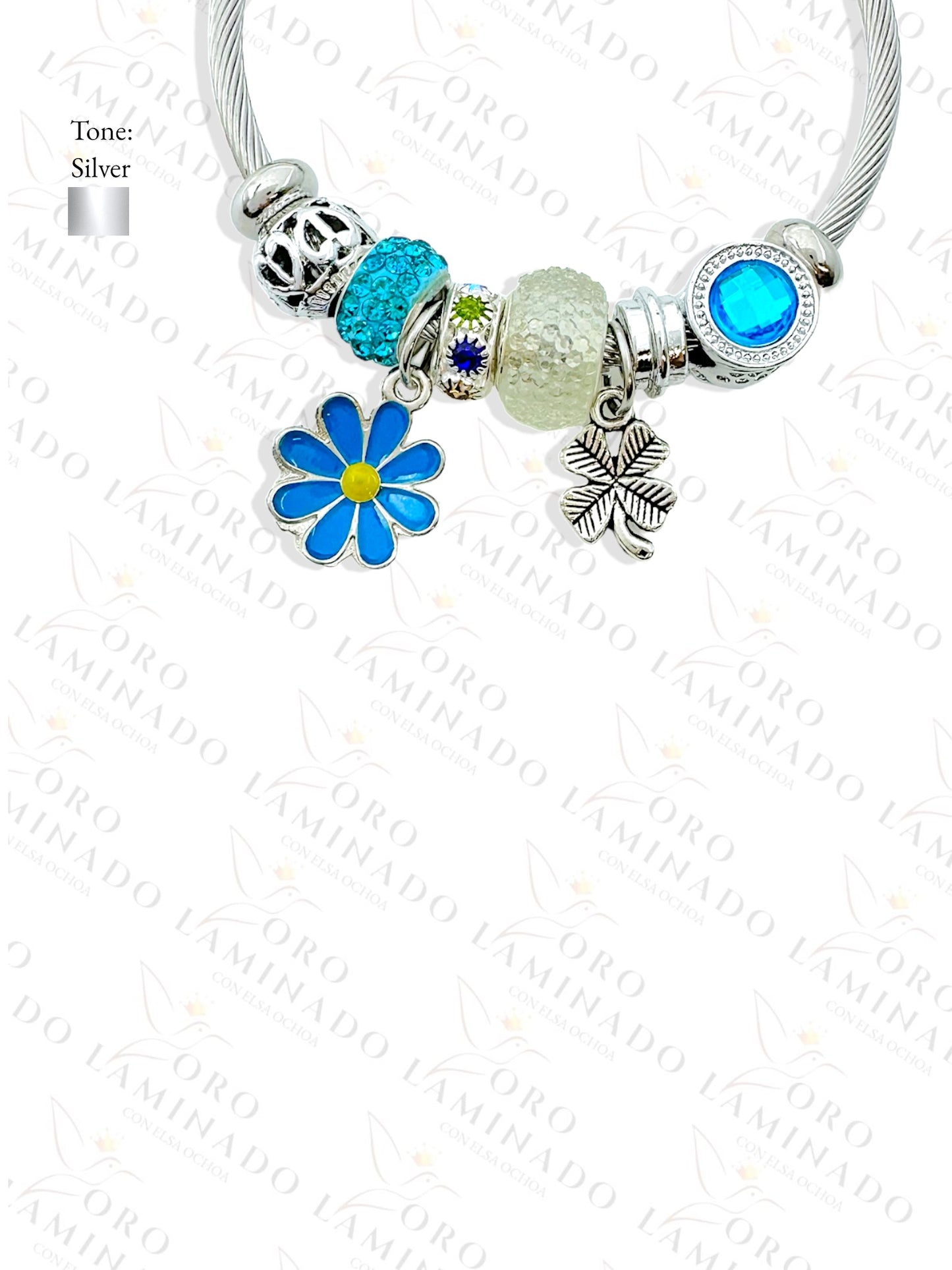 Stainless Steel Silver Blue Flower Charm Bracelet R425