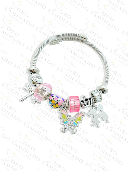 Stainless Steel Silver Pink Butterfly Charm Bracelet R428