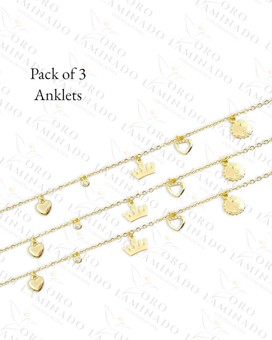 High Quality Pack of 3 Crown Charm Anklet (Gold Filled) G69