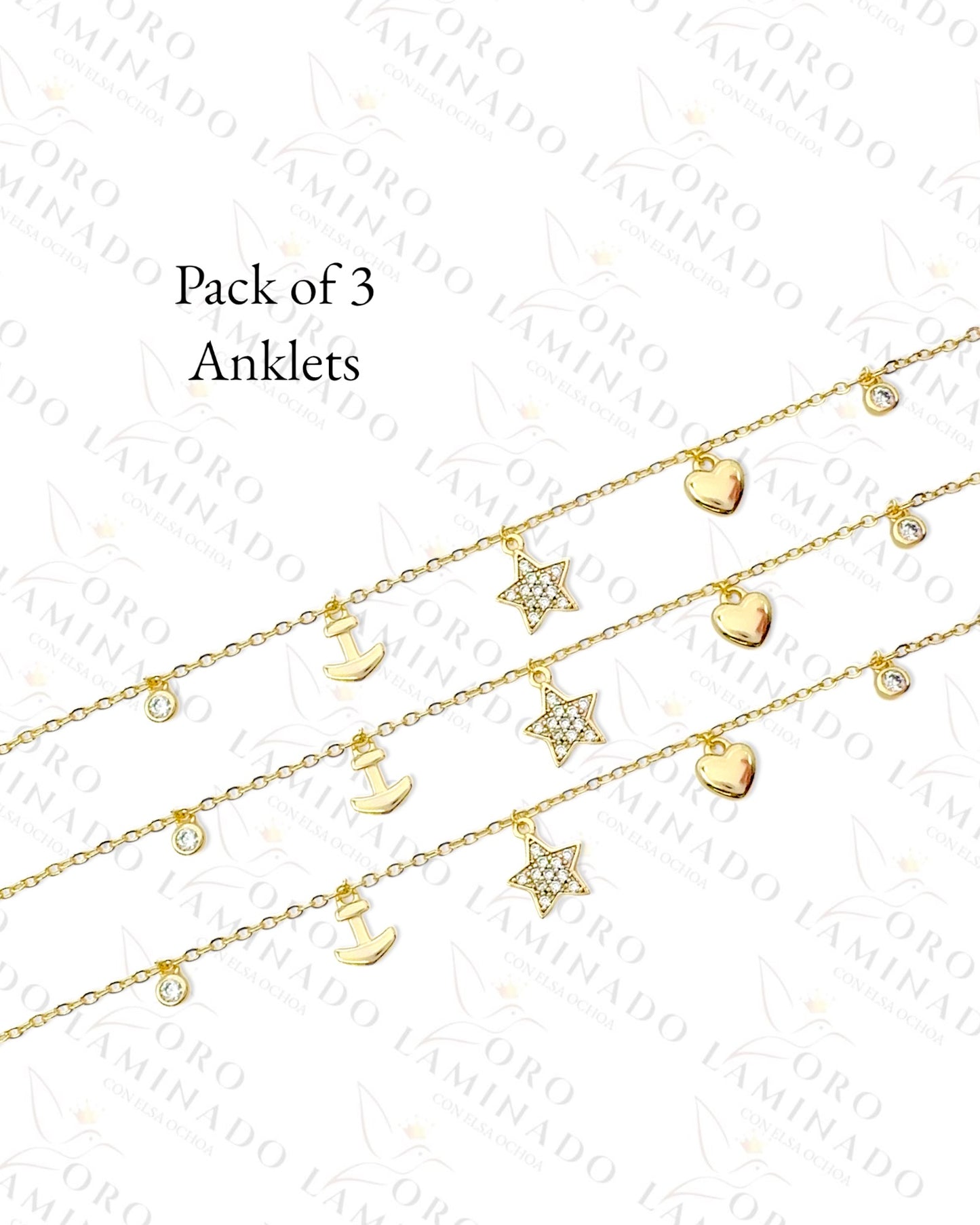 High Quality Pack of 3 Anchor and Star Charm Anklet (Gold Filled) C418