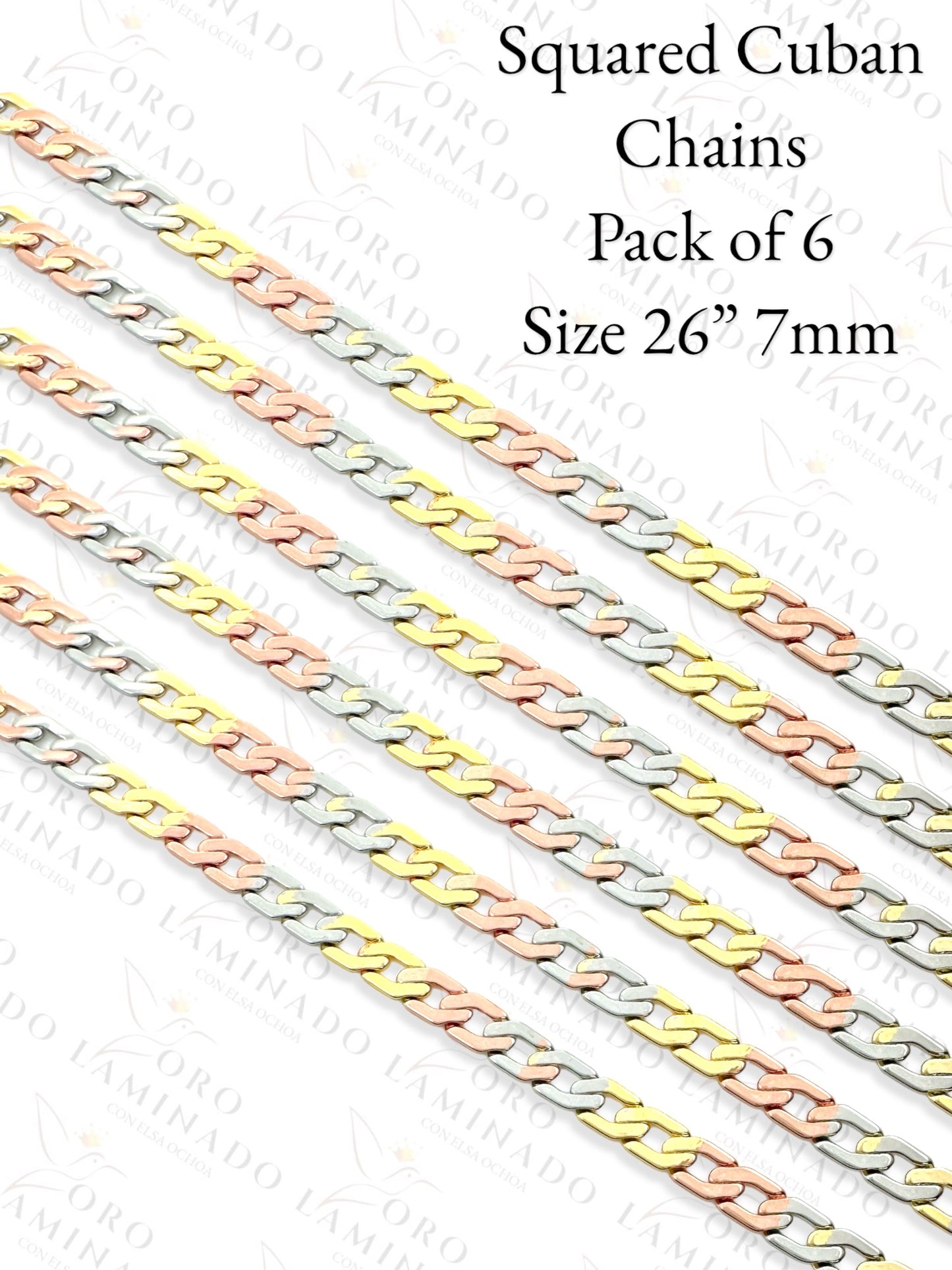 Three Tones Squared Cuban Chains Pack of 6 Size 26" 7mm R217