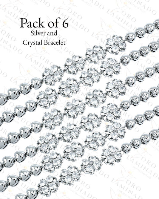 Silver Crystal Flowers Bracelet (Pack of 6) G172