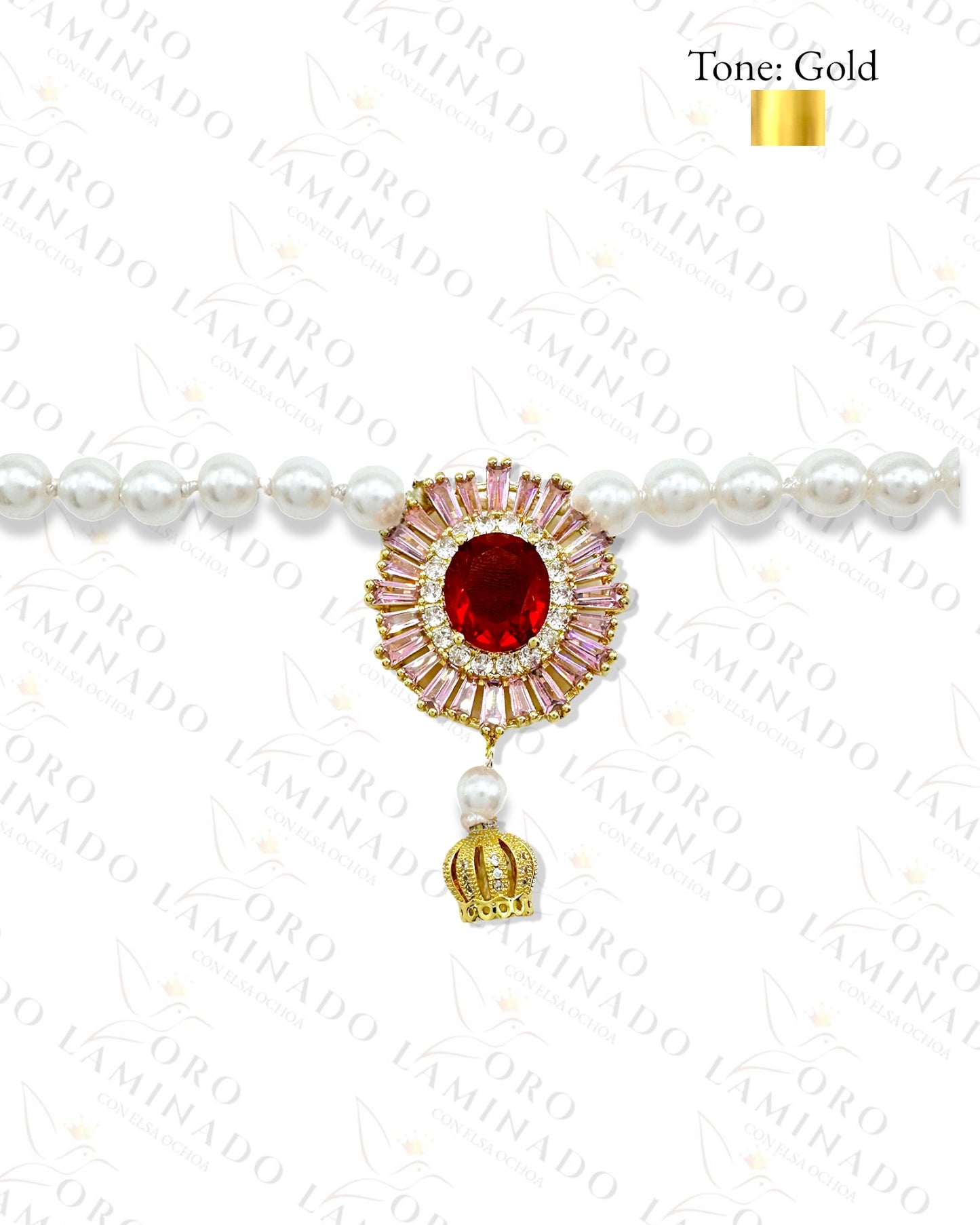 Long Pearl Necklace With Gold Pink Cristal Charm R166