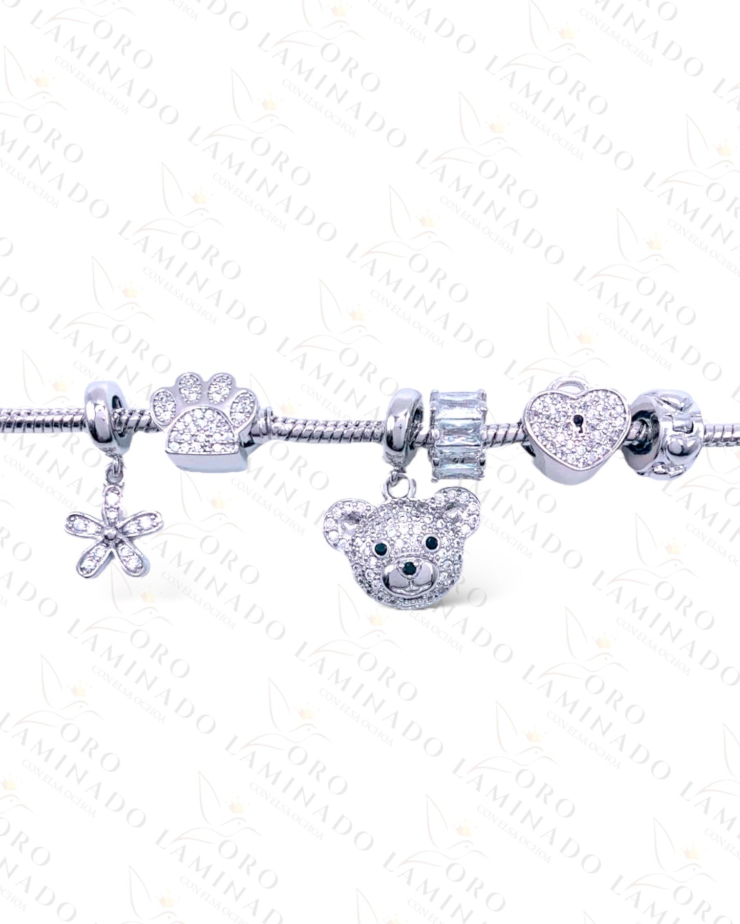 Sparkling Teddy Bear and Flower Charm Bracelet B373