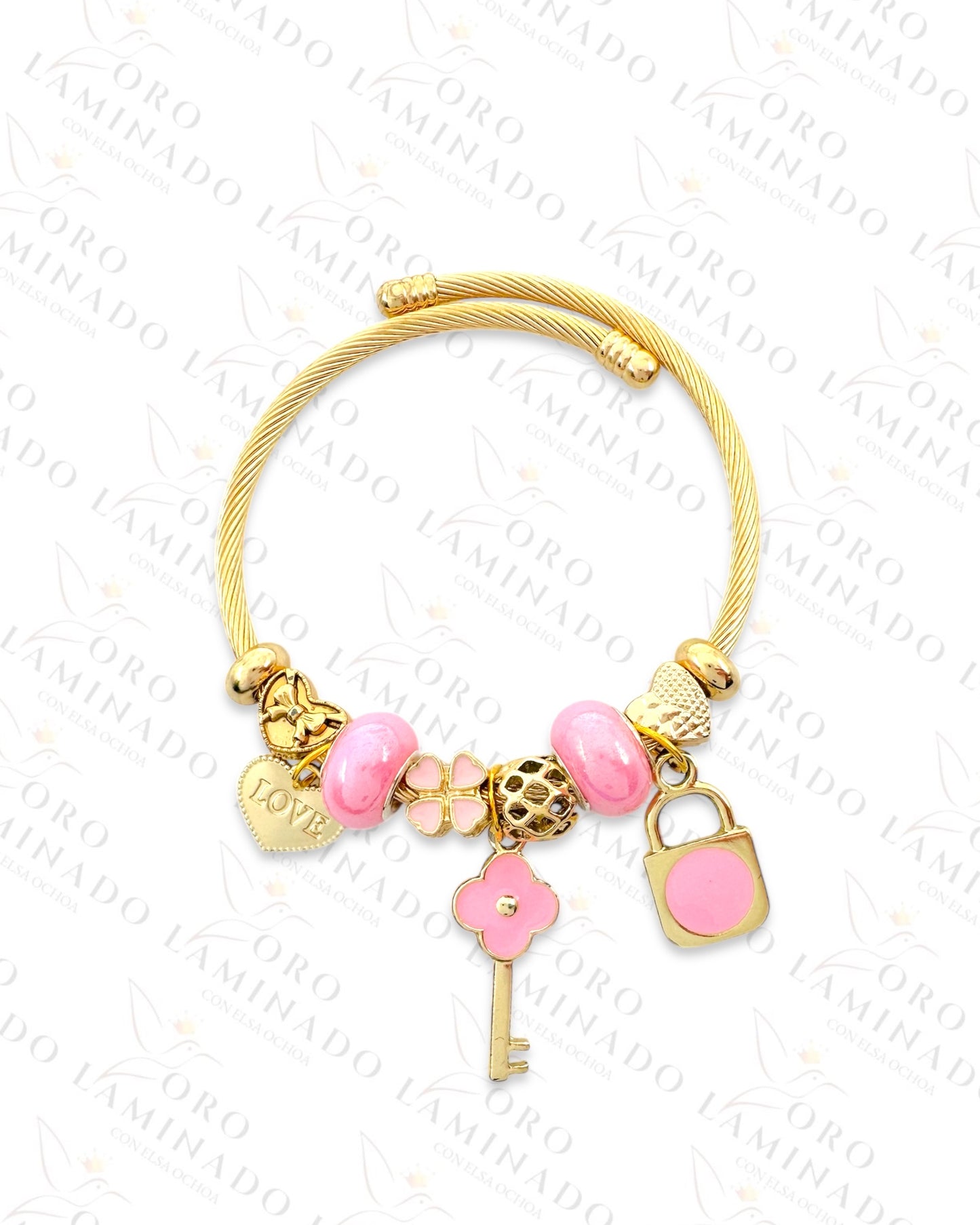 Stainless Steel Pink Key and Lock Charm Bracelet Y241