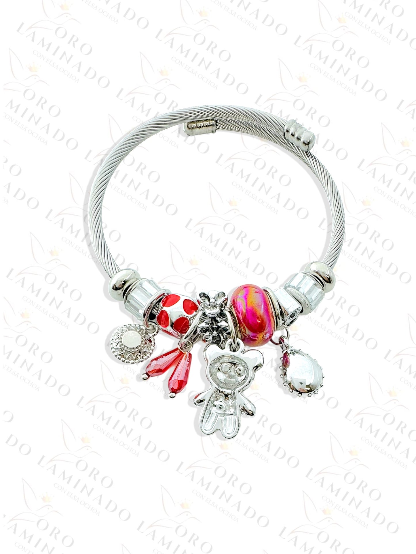 Stainless Steel Silver Red Bear Charm Bracelet R429