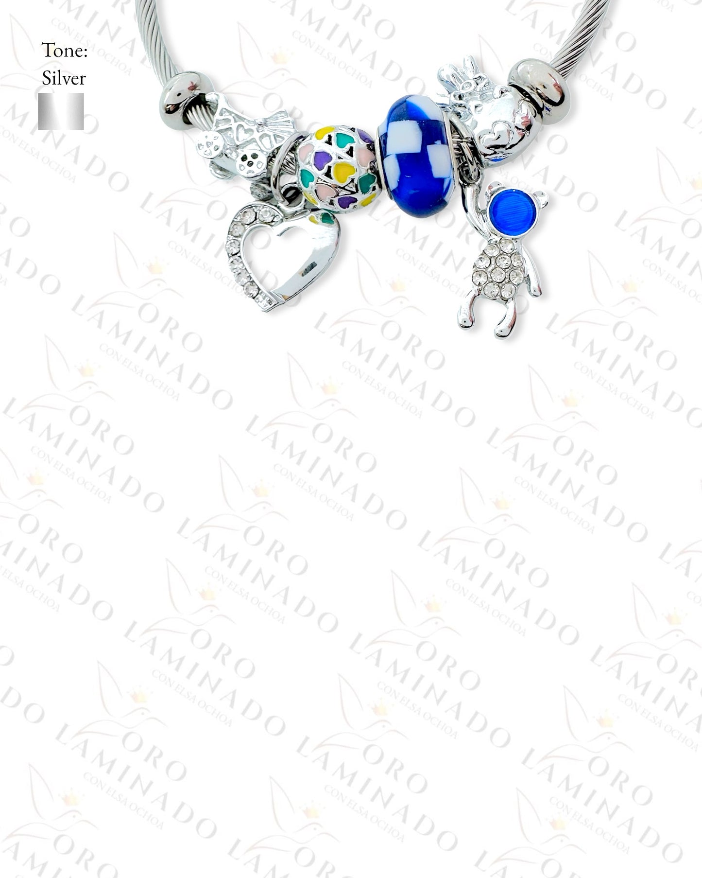 Stainless Steel Silver Blue Bear Charm Bracelet C348