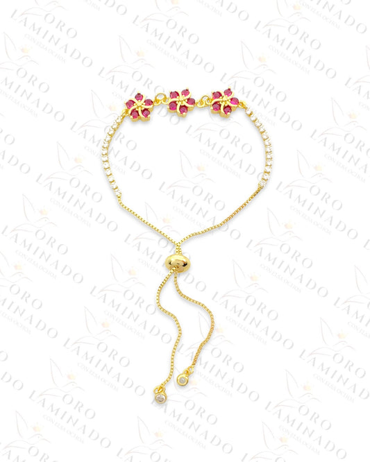 Gold Filled Fuchsia Triple Flower Adjustable Bracelet R375