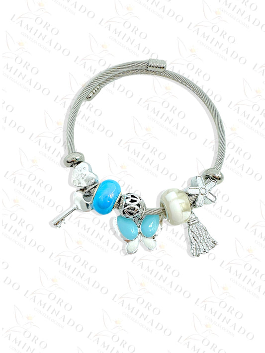 Stainless Steel Silver Blue Butterfly Charm Bracelet R426