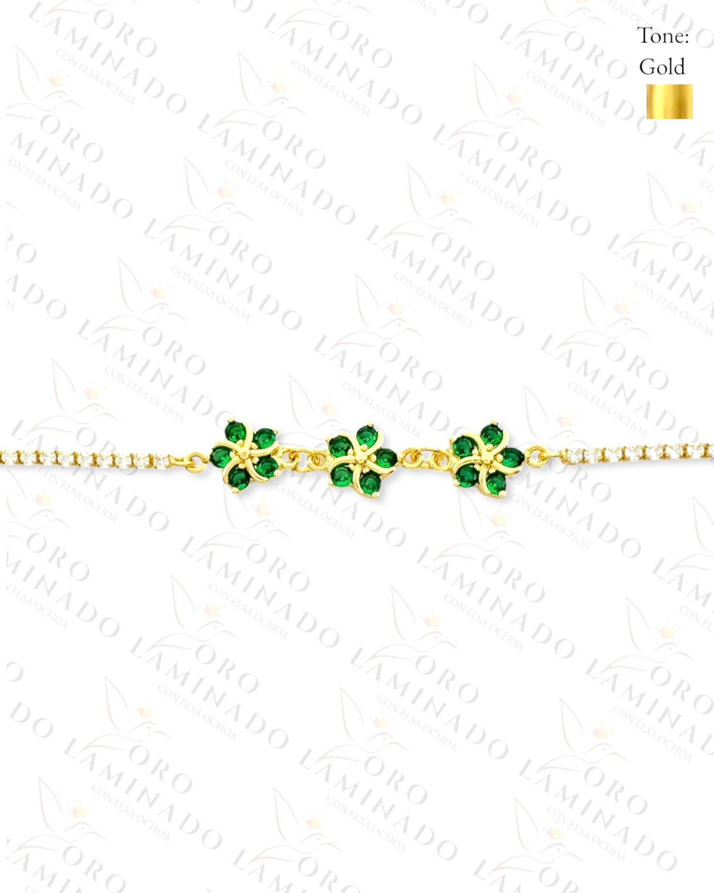 Gold Filled Green Triple Flower Adjustable Bracelet B67