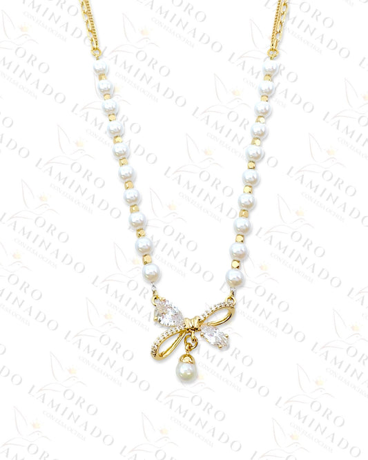 High Quality Crystal Bow and Pearl Necklace (Gold Filled) R145