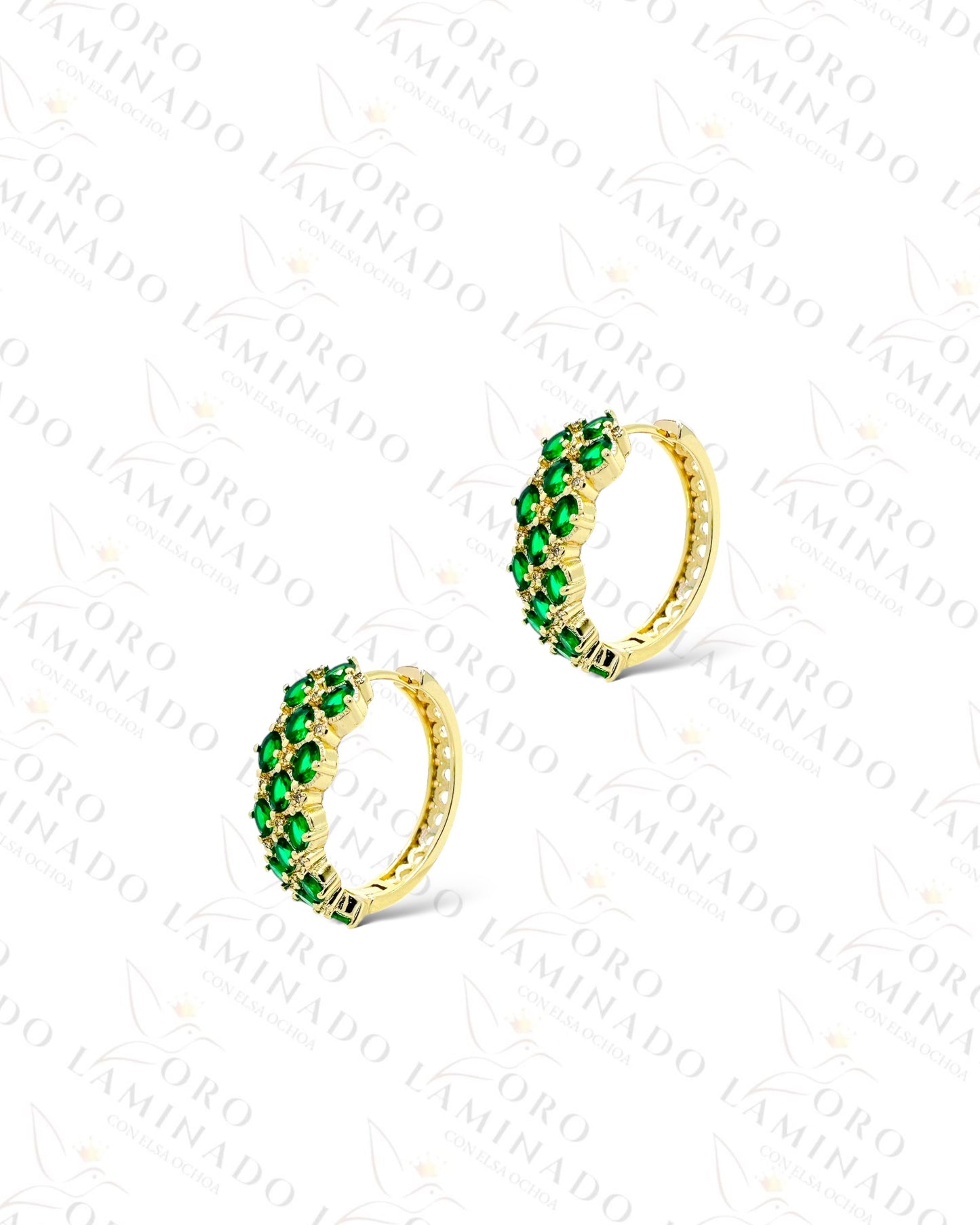 High Quality Green Stones Design Hoop Earrings (Gold Filled) B39