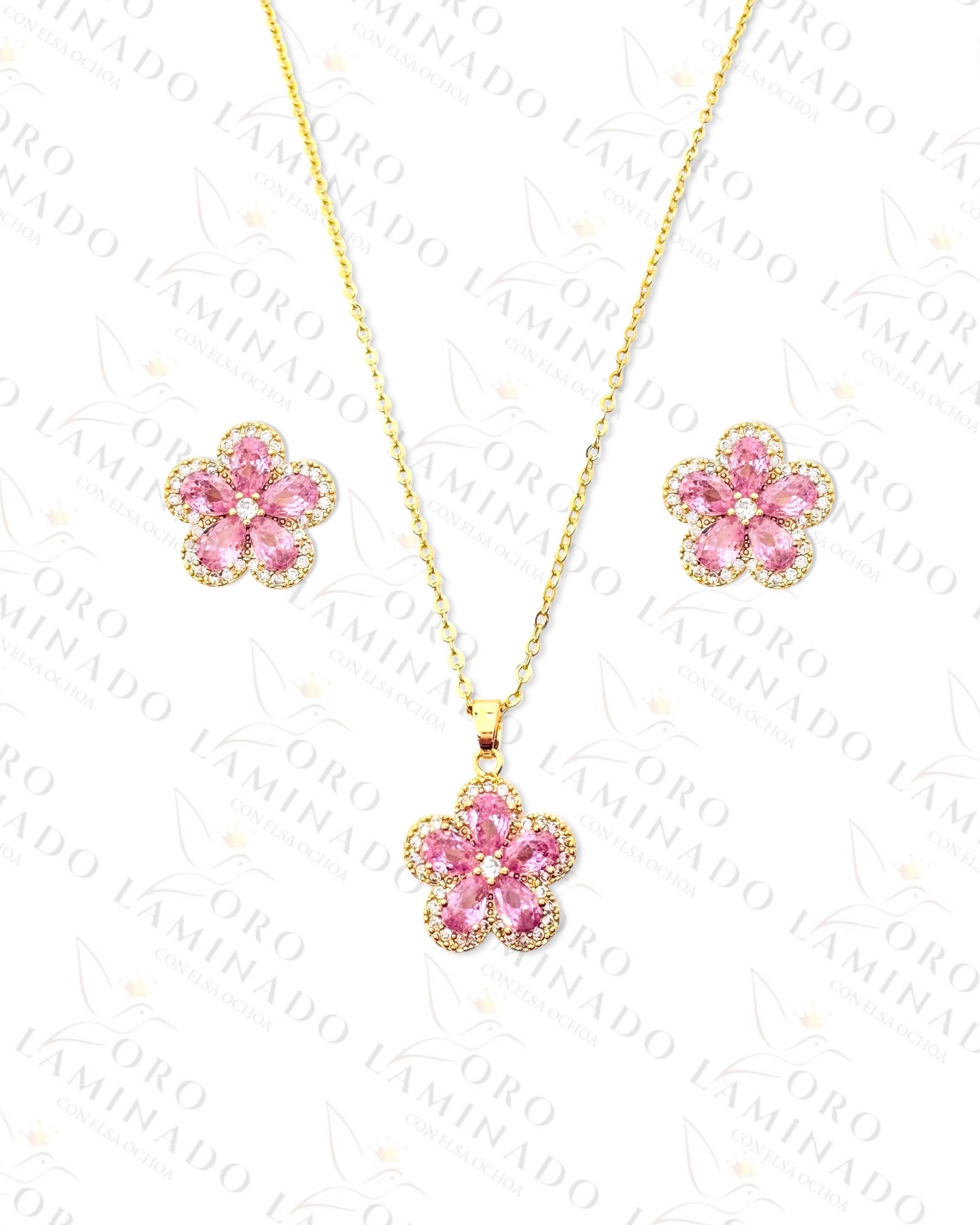 Gold Filled Pink Crystal Flower Set C306